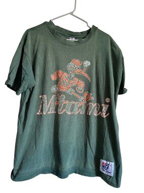 Vtg 90s Well Worn The Game Miami Hurricanes NCAA Football T-Shirt Single Stitch